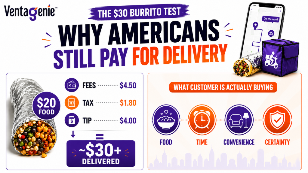 Infographic showing the $30 Burrito Test, explaining why Americans pay for food delivery through fees, tax, tip, time, convenience, and certainty.