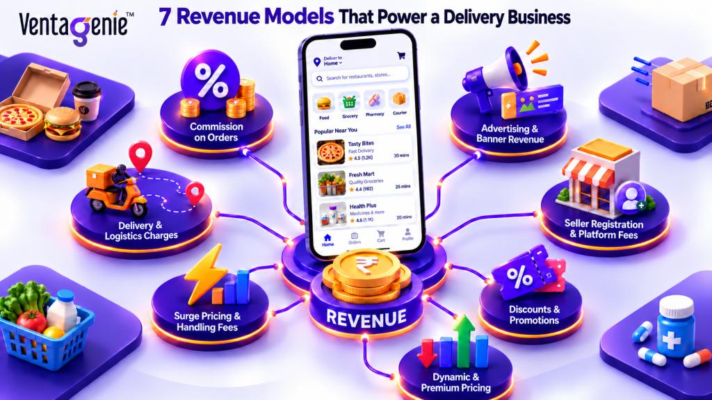 Seven revenue models for a delivery business illustrated around a delivery app.