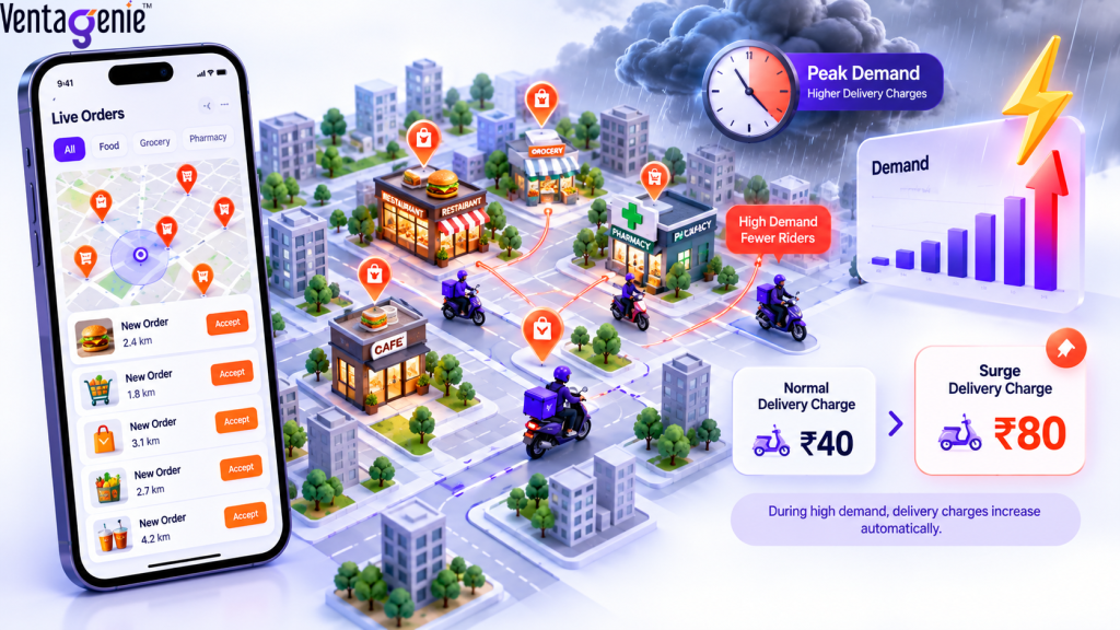 Surge pricing increases delivery charges during periods of high demand.