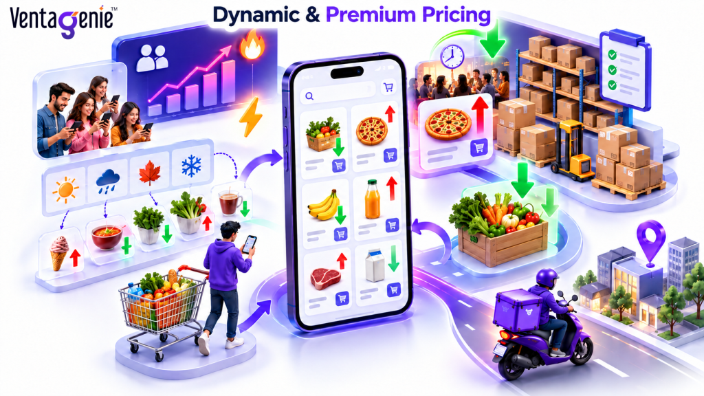 Dynamic and premium pricing adapting delivery platform prices to demand, seasons, and product availability.