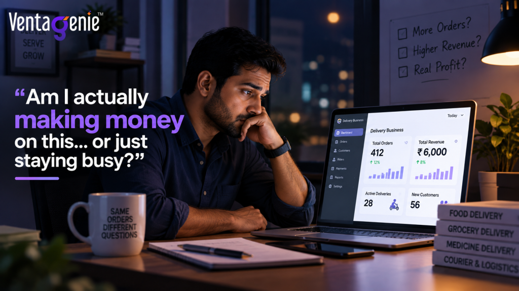 Delivery business owner reviewing order profitability on a dashboard.