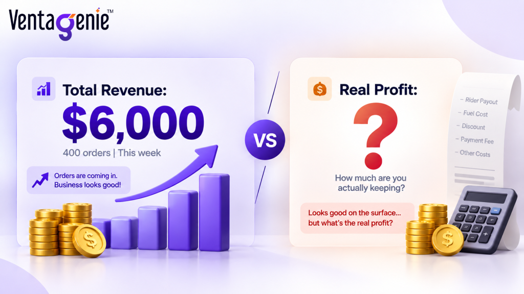 Total revenue vs. real profit for delivery orders.