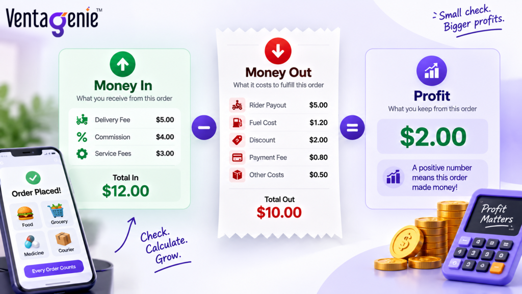 Delivery order profitability calculation showing money in, money out, and $2 profit.