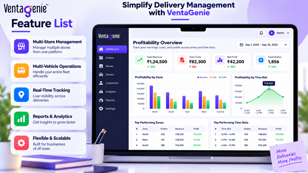 VentaGenie delivery management dashboard showing revenue, costs, profits, and orders.