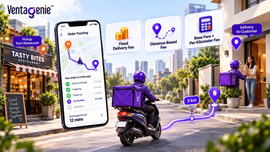 Delivery and logistics charges showing fixed, distance-based, and per-kilometer delivery fees.