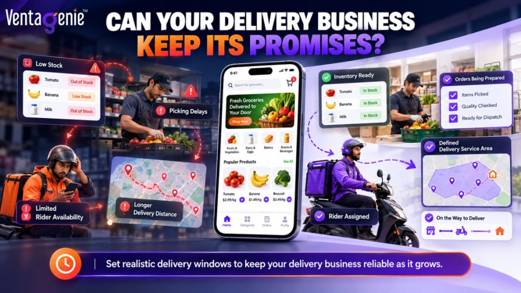 Grocery delivery business managing delivery promises through real-time inventory tracking, order preparation, rider availability, delivery route planning, and defined service areas to ensure reliable delivery times as the business grows.