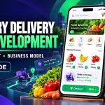 Grocery delivery app development 2026 guide featuring a mobile grocery shopping app with order tracking, checkout, delivery updates, fresh produce, and last-mile delivery, highlighting features, development cost, and business models.