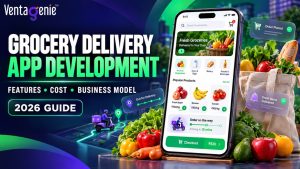Grocery delivery app development 2026 guide featuring a mobile grocery shopping app with order tracking, checkout, delivery updates, fresh produce, and last-mile delivery, highlighting features, development cost, and business models.