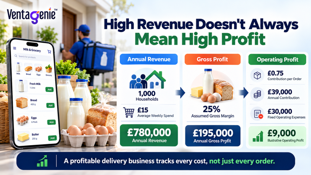 Infographic showing a milk and grocery delivery business, highlighting the difference between revenue, gross profit, and operating profit, with a focus on tracking costs for profitability.