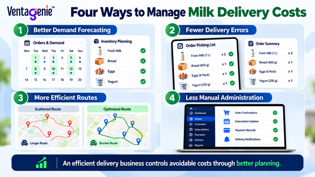 Four ways to reduce milk delivery costs: demand forecasting, accurate order picking, efficient delivery route planning, and automated administration using VentaGenie delivery management software.