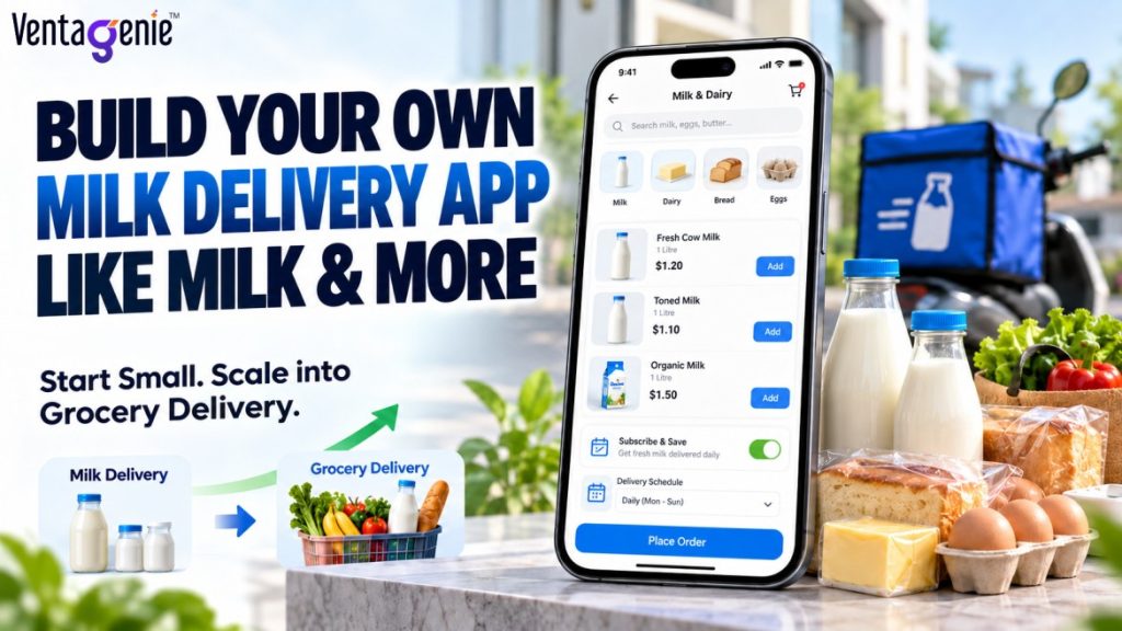 Milk delivery app with product listings, subscriptions, scheduled orders, and options to expand into grocery delivery.