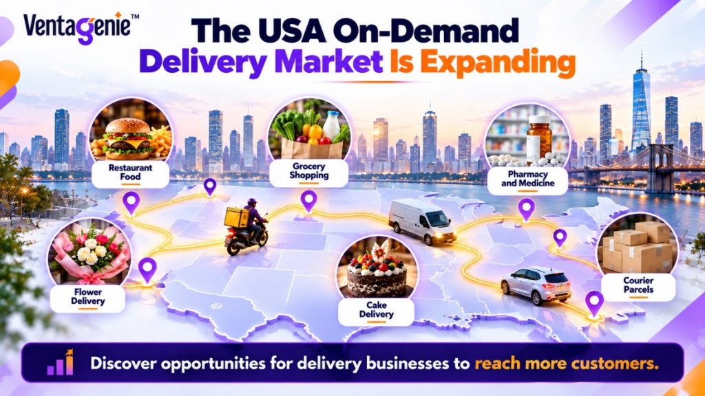 VentaGenie infographic illustrating the expanding USA on-demand delivery market, featuring restaurant food, grocery shopping, pharmacy and medicine, flower delivery, cake delivery, and courier parcels.