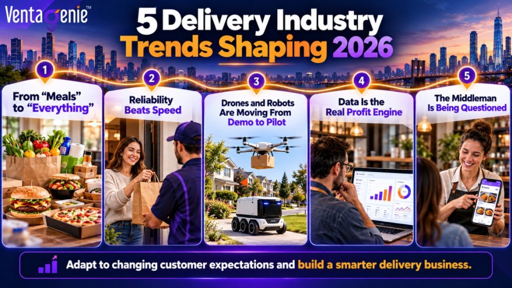 VentaGenie infographic highlighting five delivery industry trends shaping 2026: expanding beyond restaurant meals, prioritizing delivery reliability, adopting drones and robots, using data analytics to improve profitability, and reducing dependence on third-party marketplaces.