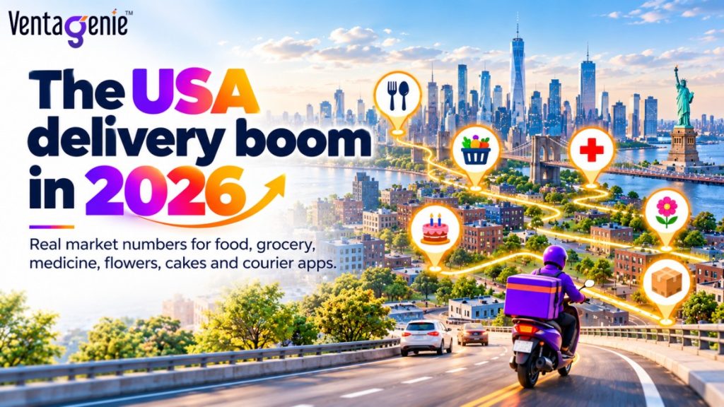 This image highlighting the US on-demand delivery market in 2026, its growth opportunities across food, grocery, medicine, flowers, cakes, and courier services, and the role of delivery apps in connecting businesses with customers.