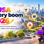 This image highlighting the US on-demand delivery market in 2026, its growth opportunities across food, grocery, medicine, flowers, cakes, and courier services, and the role of delivery apps in connecting businesses with customers.